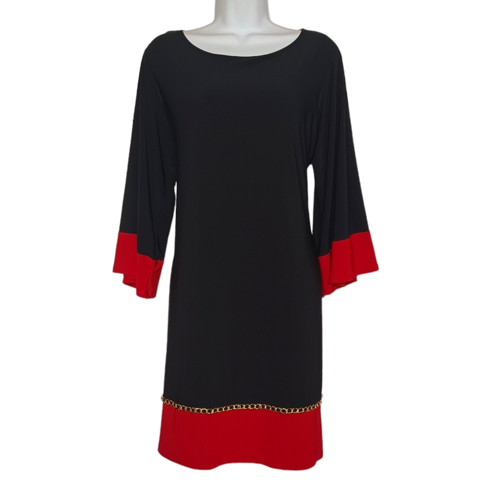 MSK Gold Chain Red Black Colorblock Flare Sleeve Slinky Stretchy Sheath Dress L